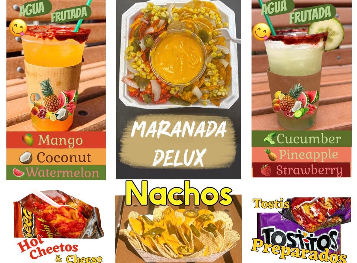 Agua frutada drinks, Maranada Delux, nachos and prepared chips