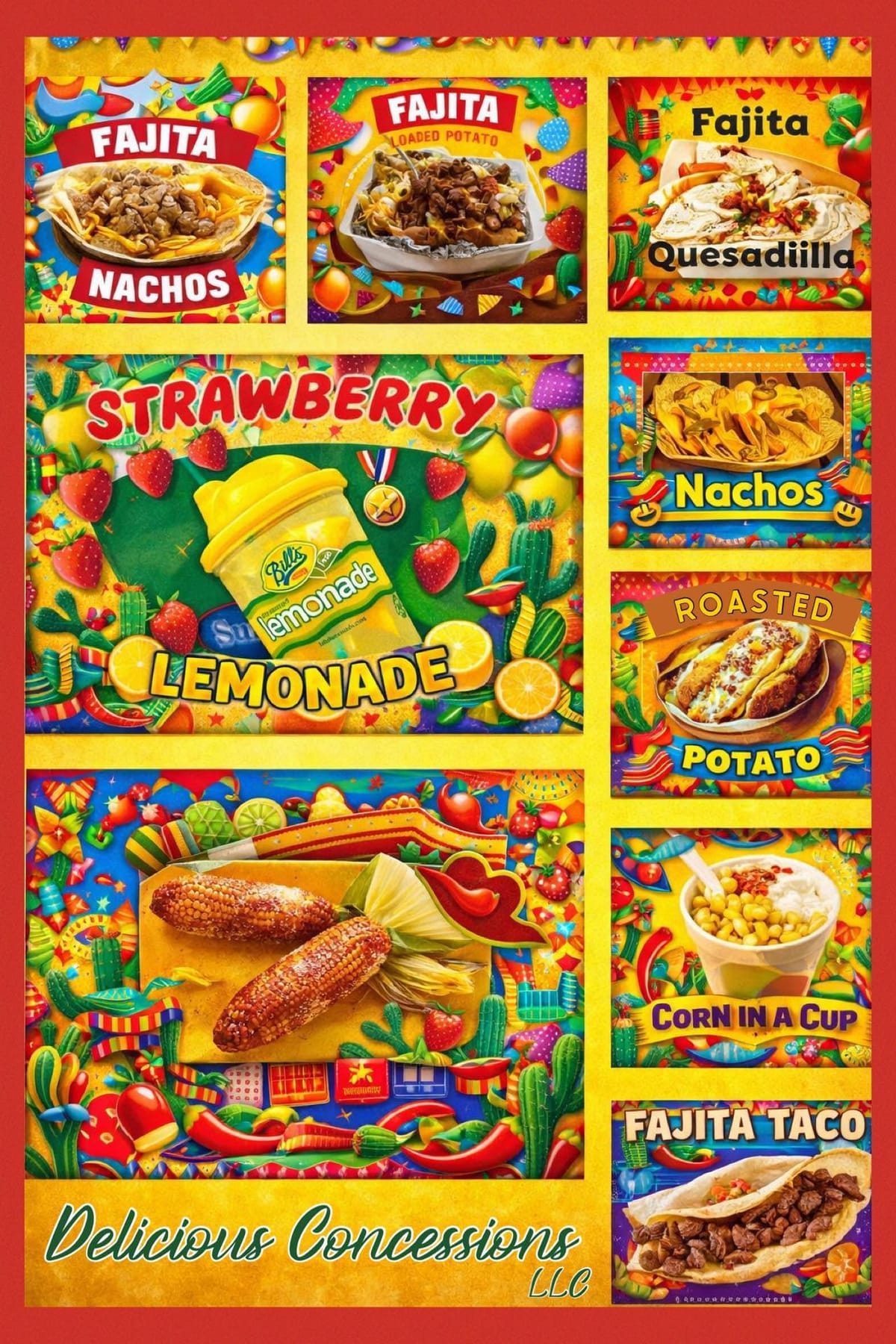 Menu board showing fajita nachos, quesadillas, roasted corn, corn in a cup and strawberry lemonade